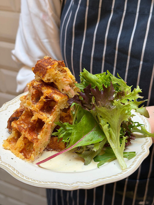 Smoked Salmon Parmigiano Waffles w Dill cream